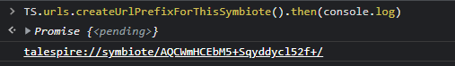 chrome dev tool console showing a call to TS.urls.createUrlPrefixForThisSymbiote
