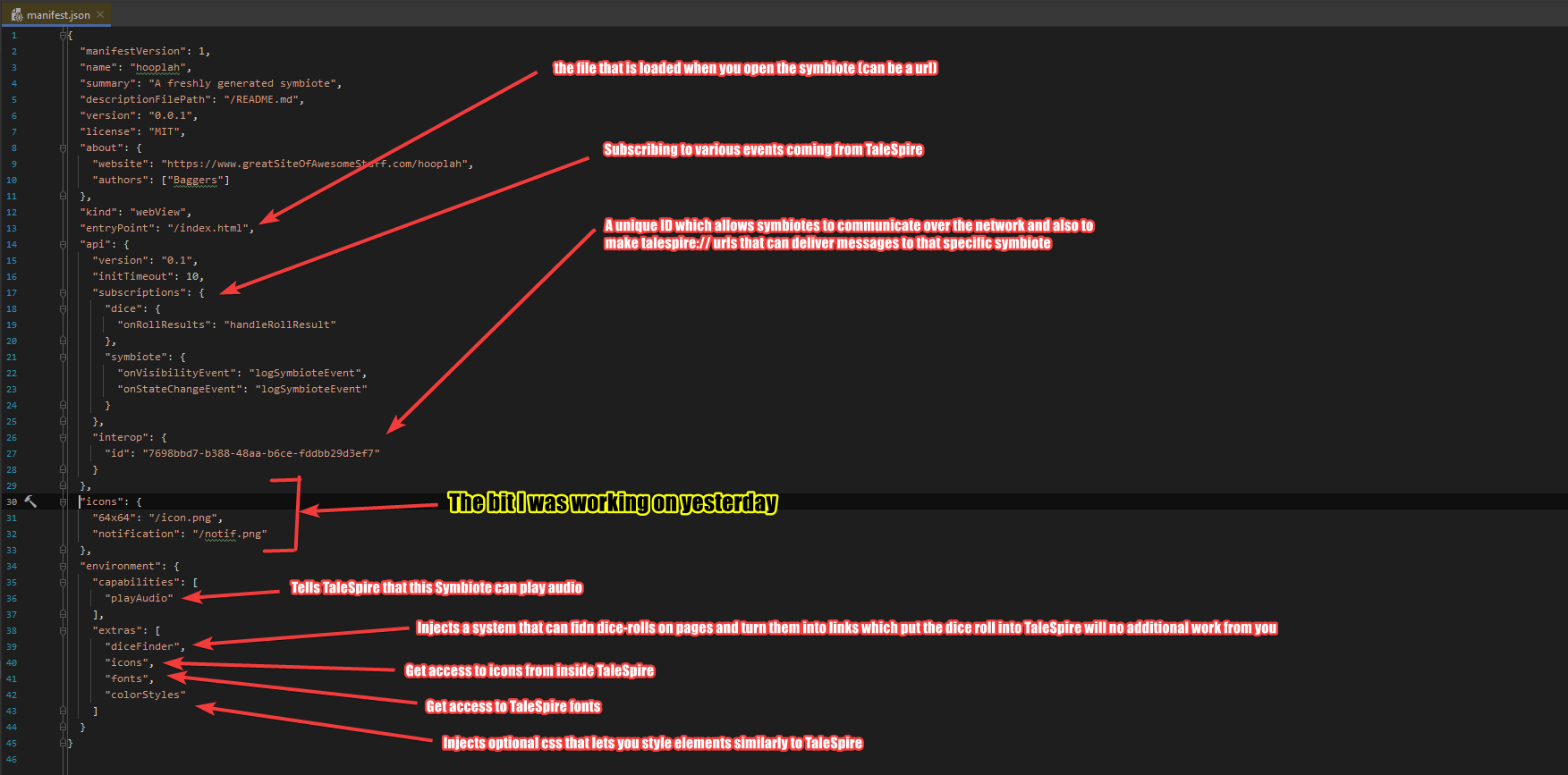 manifest with some details on what does what and an indicator showing that I was working on icon support yesterday